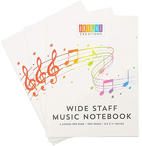 Bright Creations Music Composition Notebooks for Kids Bulk 3-Pack - 8.5 x 11 In Soft Cover Black - Wide Staff Manuscript Paper - 50 Sheets Each - Music Staff Notebook