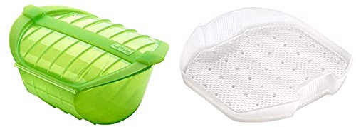 Lékué Estuche Hondo Xl Para El Microondas, Capacidad De 1000 Ml, Para 3-4 Personas, Color Verde + Bandeja Multifunción De Silicona, 3-4 Personas, Translúcido