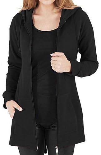 Vancavoo fleecejacka dam lång vinterjacka sweatjacka huvjacka dragkedja huvtröja lösa jackor enfärgad sweatshirt lång kappa cardigan ytterkläder med fickor, svart, M