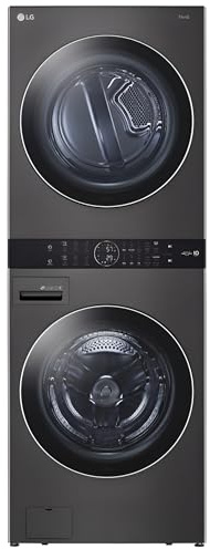 LG WashTower Stacked Smart Laundry Center 4.5 Cu.Ft. Front Load Washer Fully Automatic & 7.4 Cu.Ft. Gas Dryer in Black Steel w/Steam WKGX201HBA