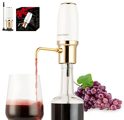 WIWONEY Aérateur à vin électrique premium, décanteur automatique multi-intelligent de vin, distributeur de vin rechargeable par One-Touch USB Blanc (Tube D'extension/Base)
