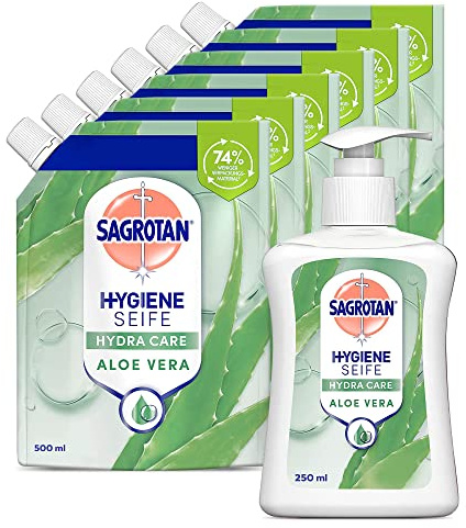 Sagrotan Set mit antibakterieller Flüssigseife – Set mit Sagrotan Handseife Aloe Vera (1 x 250 ml) und Sagrotan Handseife Nachfüller Aloe Vera (6 x 500 ml)