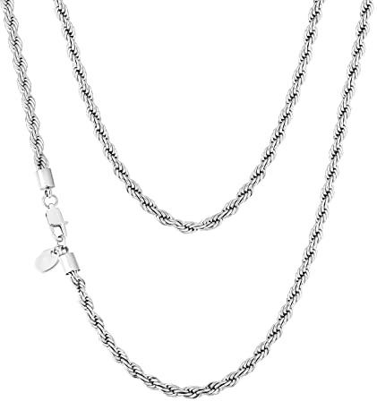 KRKC&CO 4mm massive Kordelkette Rope Kette Edelstahl, Weißgold beschichtet Zopfkette, breite Silberkette für Herren Damen, Unisex Rope Chain Seilkette, Geburtstag Weihnachten Geschenk, Länge 61cm
