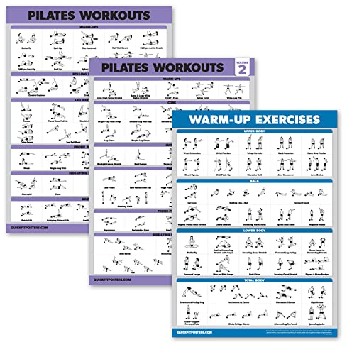 3-pack – pilates träningsaffisch, set, volym 1 och 2 + uppvärmningsrutin – pilatesmatta, arbetsövningar – fitnesstabeller (18 x 24, LAMINERAD)