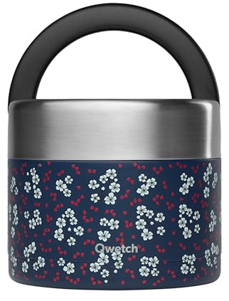 QWETCH - Fiambrera Isotérmica Inox con Asa - Acero Inoxidable 850ml Hanami Azul - Caja Almuerzo 5h Caliente y 7h Fría - Hermética, Sin BPA y Reutilizable - Lunch Box para Oficina, Picnic, Senderismo