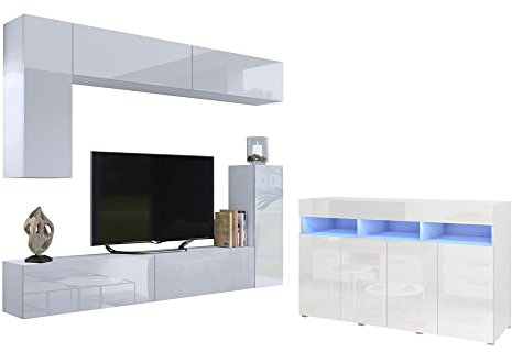 BROMARKT Premium Wohnwand Wohnzimmer Set 7 Teile – Wohnzimmer Schrank - Wohnzimmer Möbel mit Wandschrank und Kommode – Wohnwand Modern - Wohnzimmerschrank Komplett Möbel - Hochglanz Weiß
