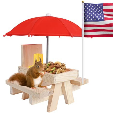 APPMOO Eichhörnchen Feeder - Eichhörnchen Feeder Holz Eichhörnchen Feeder Tisch mit Regenschirm, Braun Eichhörnchen Feeder mit Maiskolbenhalter für Spaß und Funktionelle Fütterung