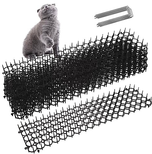 8Pcs 13cmx49cm Anti Cat Animal Repellent Mat with Cat Scat Cat Deterrent Spikes with 12 Garden Pegs, Flat Prickle Strip Dig Stopper for Garden Indoor Lawn