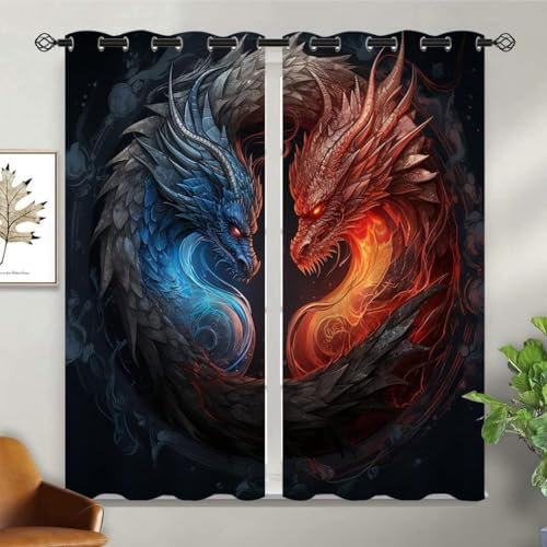 HRBK Verdunklungsvorhänge Drache Blau Rot Gardinen mit Ösen Blickdichte Vorhänge für Schlafzimmer Wohnzimmer - Fenstergardinen 140 x 175 cm (BxH) 2er Set