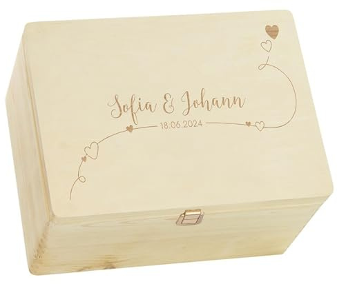 LAUBLUST Personalisierte Hochzeitskiste Erinnerung mit Herzen - Hochzeits Erinnerungsbox mit Gravur - Willich Serie | Erinnerung Hochzeit - FSC® (Natur mit Verschluss, ca. 40 x 30 x 24 cm | XL)