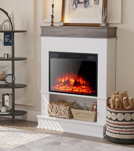 M.C.Haus Camino Elettrico con Ripiano, Caminetto da 23/58cm Inserito, Ripiano Aperto e Piano D'appoggio, Caminetto con Finitura in Legno di Ingegnere, Rovere Rustico e Bianco