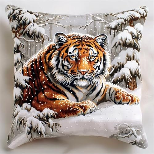 kitphoenix DIY Knüpfhaken-Set Knüpfkissen Tiger Knüpfkissen Set für Anfänger Erwachsene oder Kinder zum Selber Knüpfen, DIY Knüpfteppich Knüpfpackung, Knüpfhaken Set 43 x 43 cm