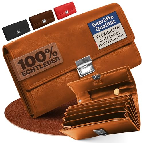 FLEXIBILITE Kellner Geldbörse Kellnerportemonnaie Echt Leder [2026] RFID (18,5 x 9,5 x 4,5 cm) | Kellnerbörse Kellnergeldbeutel aus Leder | Bedienungsgeldbeutel Taxi Portemonnaie Cognac