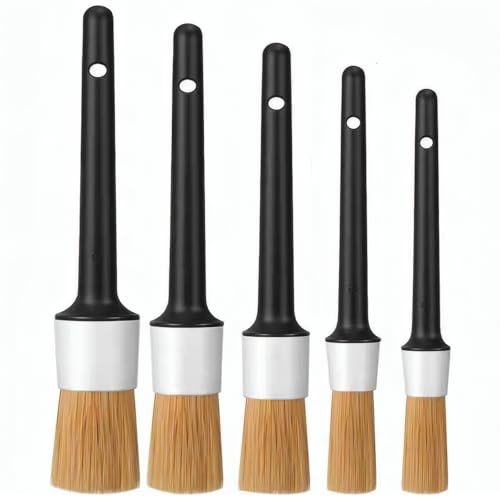 lcvtos 5 Pezzi Pennello Pulizia Auto, Setole di Cinghiale Naturali Ultra Morbide, Pennelli Detailing Auto per Lavaggio Cerchi, Pneumatici, Motore, Bocchette d'Aria e Cruscotto