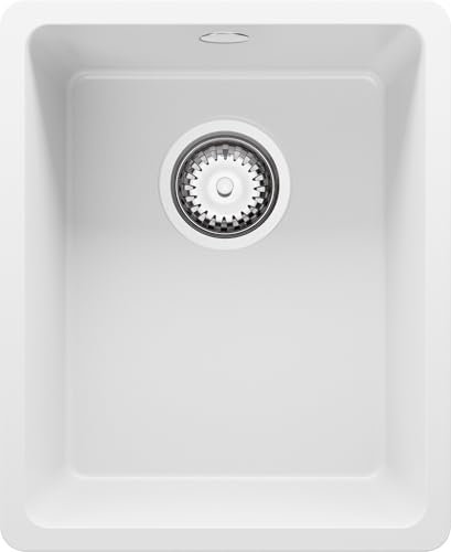 PRIMAGRAN Fregadero Cocina Blanco 36x44cm, Granito 1 Seno + Sifón, Sobre encimera al mueble 40cm - Venecia Slim Easy