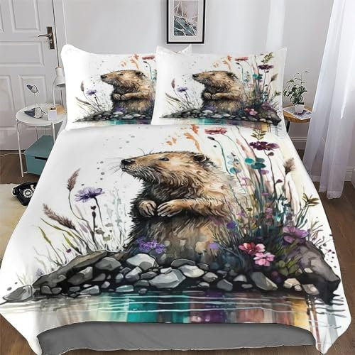 LTTTT Beaver Duvet Cover Set with Pillowcase Soft Microfiber Bedding Set Comforter Cover for Adults Kids 3Pcs Quilt Covers King(220x240cm)