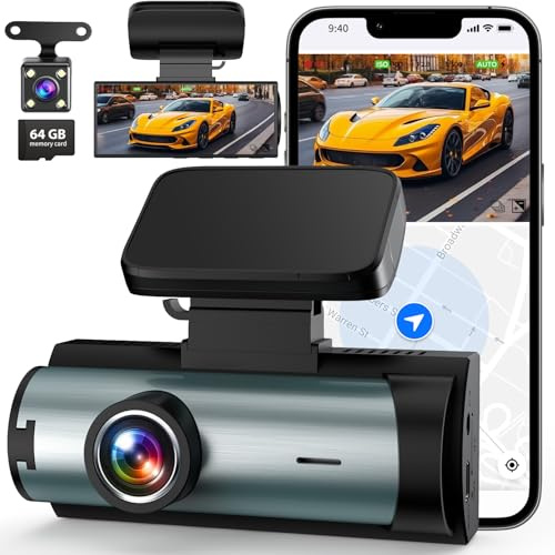 Dash Cam Front and Rear, WiFi Dashcam with 64GB SD Card, 1080P Full HD Dual Car Camera Dash Cam Dashboard Camera, 3 IPS Display, Night Vision, G-Sensor, Loop Recording, APP Control (Black)