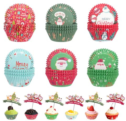 DIYJEP 600 stycken julmuffinsformar papper med 40 stycken kaktoppar, fetttäta cupcake-formar, minimuffins pappersformar bakformar för jul, tårtdekoration