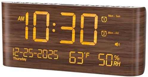 Mesqool Digital Alarm Clock for Bedroom with Date Temperature and Humidity, Dual Alarms，Loud Volume, USB and Type-C Charging Ports (Brown)