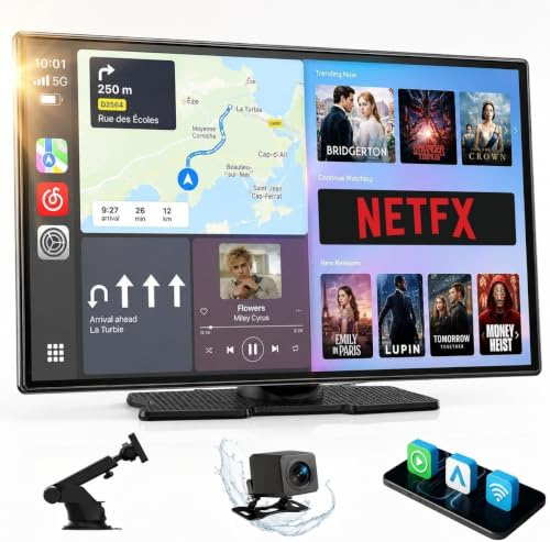 LAMTTO Wireless Carplay Display mit Net-Flix YouTube Tiktok 9 Zoll In-Cell Touchscreen CarPlay-Bildschirm und Android Auto mit Rückfahrkamera/Navigation/OTA/Sprachassistent/Bluetooth/AUX/FM