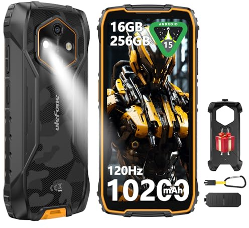 Ulefone RugKing 4 Pro Movil Resistente, Android 15 AI Smartphone 10200mAh 16GB+256GB/SD-2TB 6,56” 120Hz Teléfono, Octa-Core Cámara 48MP+8MP, 120LM Super Torch/3-Slots/IP68/IP69K/OTG/NFC/GPS Naranja