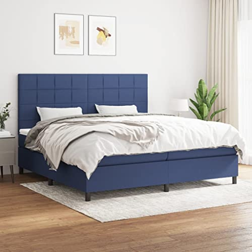 Tonture resårsäng med madrass, blå, 200 x 200 cm, tygöverdrag, höjdjusterbar sänggavel, fickfjädermadrass, medelhård liggkomfort, för vilsam sömn
