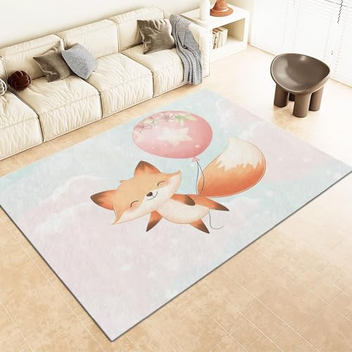 AUWUUA Cartoon-Fuchs-Ballon-Kinderteppich 60x200cm, niedliches Tiermotiv, waschbar, weich, Rutschfester Teppich für Esszimmer, Küche, Eingangsbereich, Fußmatte, Heimdekoration