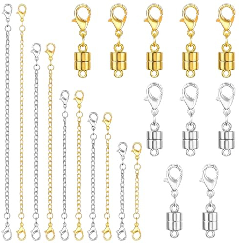 FrostyFlair Magnetic Clasp Chain, 20 Pack Magnetic Clasp & Chain Extender, 18K Gold Plated Brass Jewellery Converter with Stainless Steel Extender, for Bracelets, Necklaces & Anklets, Gold & Silver