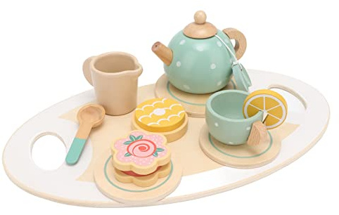 HWGING Service à thé en Bois, Service à thé en Bois pour Enfants, Kit D'accessoires de Cuisine, Soucoupes, Cuillères et Plateau de