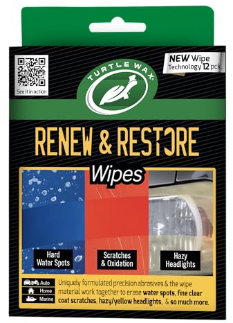 Turtle Wax Renew & Restore Compound Wipes, Light Scratch Remover and Headlight Restoration Kit, Effective Water Spot Remover, For Home, Auto, & Marine Use on Glass, Metal, Plastics & More (Pack of 12)