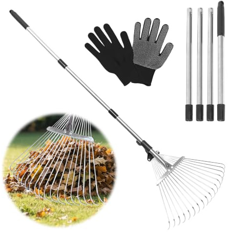 Laubrechen Verstellbar mit Stiel 207cm, Fächerbesen Laubbesen, Laubharke Metall mit Handschuhe, Rechen Garten, Laubfächer, Rasenrechen, Gartenrechen zum Reinigen von Pflanzen, Rasen und Hof