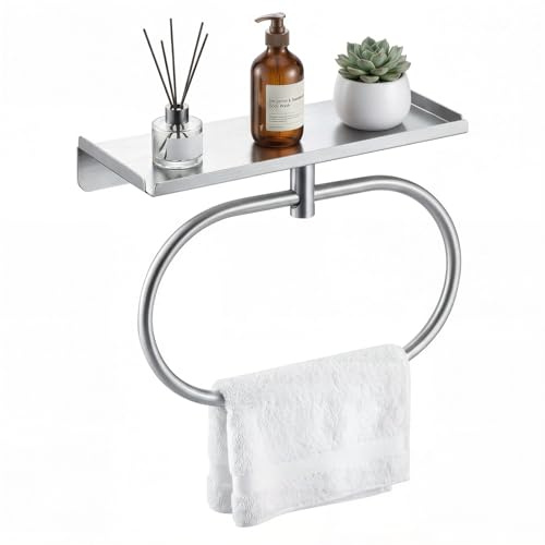 Yimomoyi Porte-Serviette avec Étagère, Support Serviette Salle de Bain Autocollant ou Vis, Anneau de Bain Réglable 180°, Wall-Mounted Towel Rack for Bathroom and Kitchen