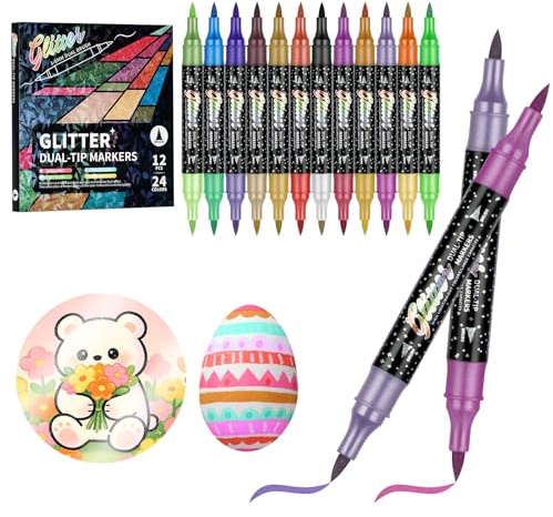 NUTKIT 12PC Metallic Acrylic Paint Pens, 24 Colors Metallic Sparkle Markers | Dual Tip Glitter Paint Pens Set for Ceramic, Canvas, Rock, Glass, Wood DIY Craft Making, Art Supplies, Coloring
