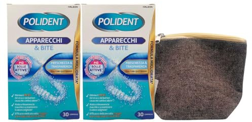 2X Pulitore Quotidiano APPARECCHI & BITE, Freschezza e Trasparenza, più Bolle Attive, Confezione Da 30 Compresse + Pochette