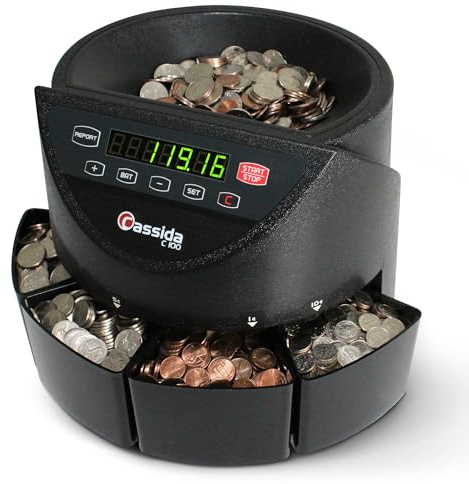 Cassida C100 Electronic Coin Sorter/Counter, Countable coins 1¢, 5¢, 10¢, 25¢, 250 coins/min, 110 VAC