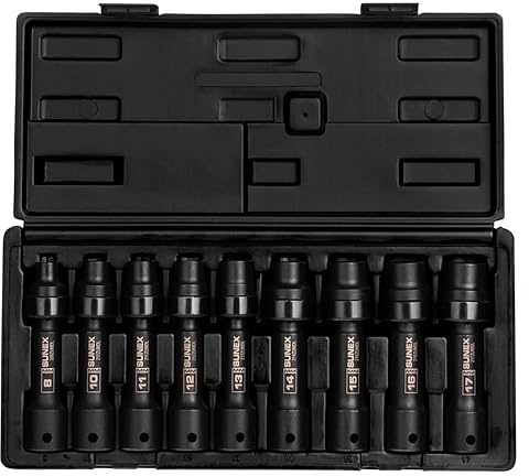 SUNEX TOOLS 2695, ½ Inch Drive Driveline Limited Clearance Socket Set, 12-Point, 9-Piece, Metric, 8mm-17mm, Cr-Mo Steel, Heavy Duty Storage Case