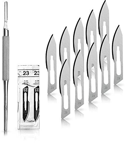 Set avec 10 x lames de scalpel N° 23 - Lame stérile en acier au carbone et 1 x manche de scalpel Figure N° 4 avec manche rond en acier inoxydable
