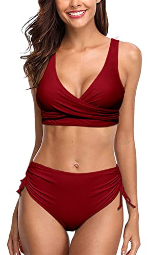 heekpek Costume da Bagno Donna Due Pezzi Costumi Push Up Scollo a V Top Bikini con Lacci Incrociati sul Retro e Pantaloncini da Bagno con Coulisse Laterale a Pieghe Bikini Donna Mare, Vino Rosso, L