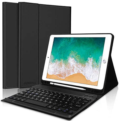 JADEMALL Funda con Teclado para iPad 6a Generación 9.7, Teclado Bluetooth Desmontable con Funda y Portalápices para iPad 6a Gen 2018/5a Gen 2017/iPad Pro 9.7 2016/iPad Air 2/iPad Air 1, Nergo