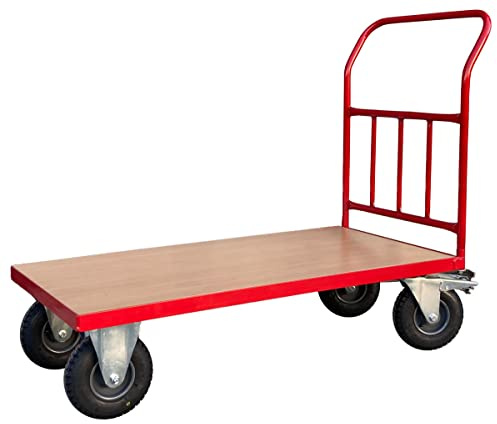 Heavy Duty Platform Truck 300kg, Steel Flatbed Trolley with Long Deck & Pneumatic Wheels with Brake, Platform Trolley