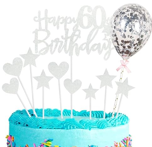 Personalised Happy 60th Birthday Cake Toppers Silver for Him,Her - Glitter Cupcake Topper Cake Topper 60th Birthday Cake Decoration