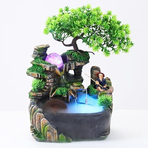 Zimmerbrunnen Harz Steingarten Desktop Tischbrunnen Wasserspiel LED Beleuchtung Ornament Dekor 20x15x30cm