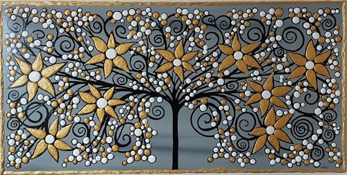DORON ARTE QUADRO MODERNO ASTRATTO DIPINTO A MANO TELAIO GALLERY BORDI DIPINTI - ALBERO DELLA VITA FIORI ORO BACCHE BIANCHE - 1 metro x50x4 cm -RIF307