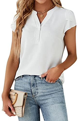 Blooming Jelly Women's Dressy Casual Tops Business Work Blouses White Button Down Shirts Short Sleeve 2026 Summer V Neck Tshirt (White,Small)