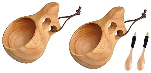 Bruafsir Tazza da caffè nel Legno Stile Nordico da 2 Pezzi Tazza Kuksa Tazza da caffè Portatile da All'Aperto Tazza da caffè nel Legno Cucchiaio di Legno