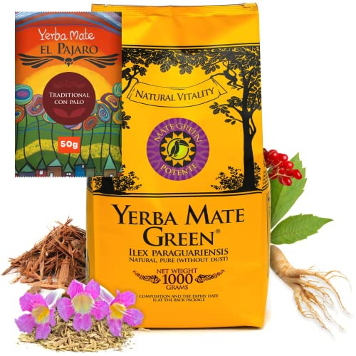 Yerba Mate Green ● POTENTE ● Brasilianischer Mate Tee 1000g +50g El Pajaro ● Starker Geschmack und reine Kräuterkraft ● Lapacho, Ginseng, Muira Puama, Natürliches Aroma ● Mate Tee Loose Leaf 1050g
