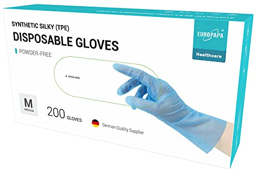 EUROPAPA® Lot de 100, 200, 300, 450 pièces - En TPE transparent et bleu - Gants jetables en caoutchouc sans latex - Non poudrés - Tailles S, M, L, XL (Bleu-200, M)