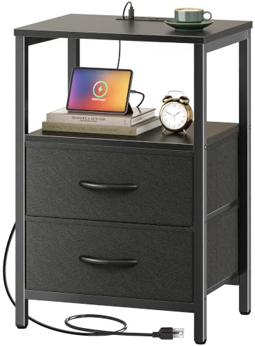 Huuger Nightstand with Charging Station, Side Table with Fabric Drawers