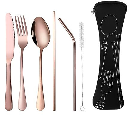 Dreneco 6 Pieces Flatware Set Include Knife, Fork, Spoon, Straws & Brush, Stainless Steel Cutlery Set with Organizer Bag for Traveling Camping Picnic Working Hiking (Rose Gold with Black Bag)