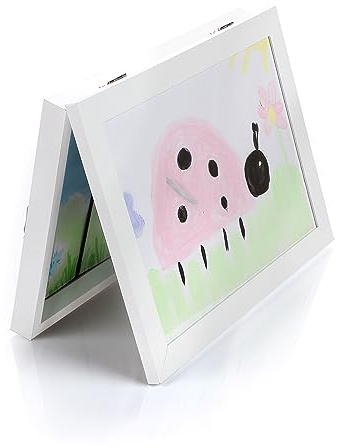 Lulubug Bilderrahmen Kinderzeichnungen A4 - für bis zu 150 Bilder | mit Drehmechanismus, Tischaufsteller, Magnetverschluss, Fotorahmen mit Frontöffnung, aus MDF Holz | 35x26cm